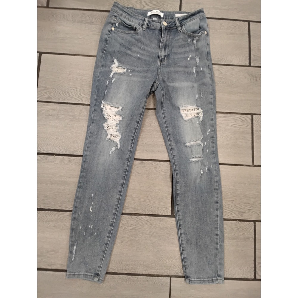 Judy Blue Skinny Jeans Light Wash Distressed Lace Patch Paint Splatter 9/29